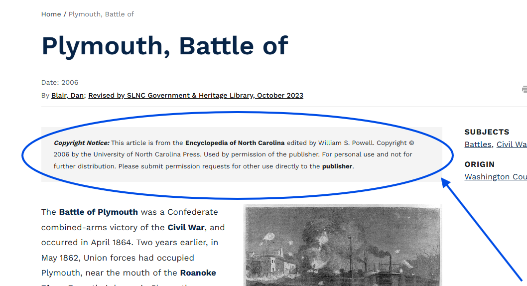 A webpage about the Battle of Plymouth. A gray box discussing the page's copyright status is outlined with a blue circle, and an arrow points to it.