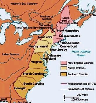 Map showing marker of the Proclamation of 1763 and early colonies.